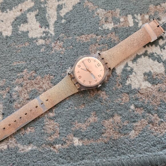 Swatch Pink Glistar SUOK703 Watch 40mm Silicone Rose Gold Tone Glitter - Picture 4 of 13